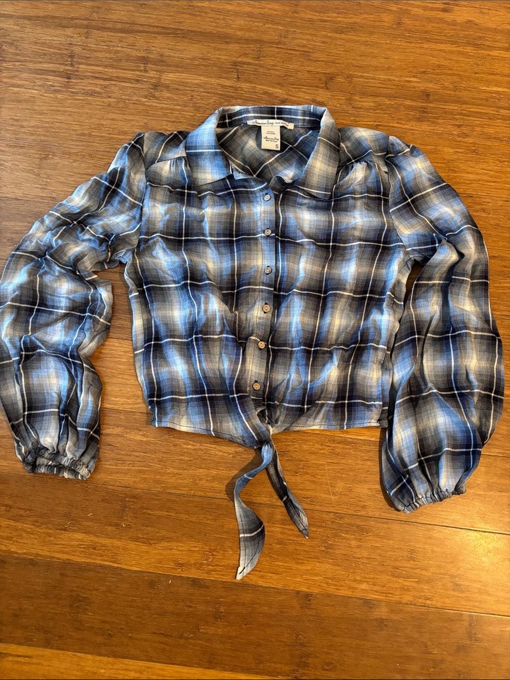 American Rag Blue Plaid Tie-Hem Button Shirt